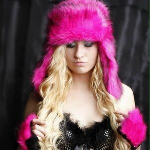 Juicy Couture Hot Pink Fur Hat and Gloves